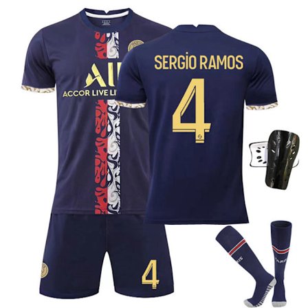 Paris home special edition guld fotbollsdräkt nr 4 med strumpor+skyddsutrustning, barnstorlek 28