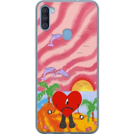 Kompatibel Mobilcover til Samsung Galaxy A11 Bad Bunny i en farverig quiltet jakke med hjertemønster og solbriller i moderne gade stil