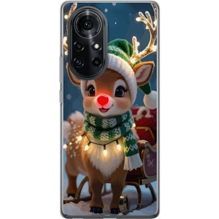 Huawei nova 8 Pro Gennemsigtig cover Festlig rensdyr med glødende horn, rød næse og strikket grøn hue står foran slæden i et sneklædt miljø og