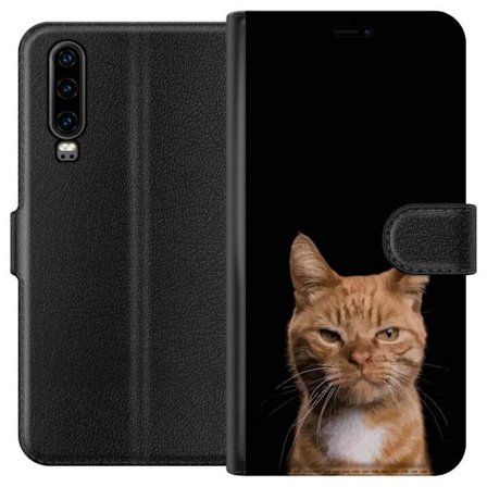 Kompatibelt Plånboksfodral till Huawei Huawei P30 Närbild av orange katt mot svart bakgrund, uttrycksfull blick och hög kontrast som ger minimalist