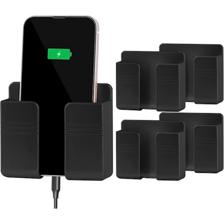 4 stk. vægmonteret telefonholder, telefonstativ med datakabelhul/selvklæbende. Telefonholder til brusebad/opladning. Kompatibel med iPhone