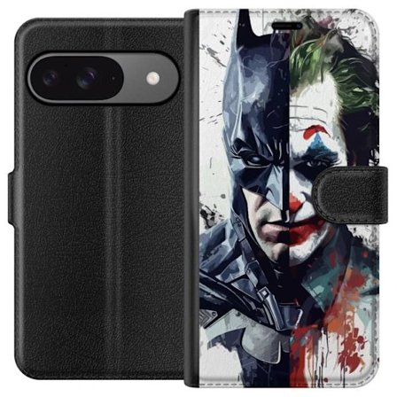 Kompatibelt Lommeboketui til Google Google Pixel 9 Pro Delt portrett av Batman og Joker i dramatisk illustrasjon, ikonisk superhelt motiv med mørk ku