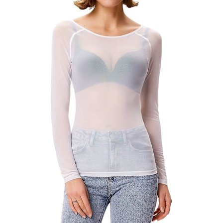 Dame Elastisk Scoop Neck Gjennomsiktig Sexy Slim Fit Mesh Topper Langermet Bluse
