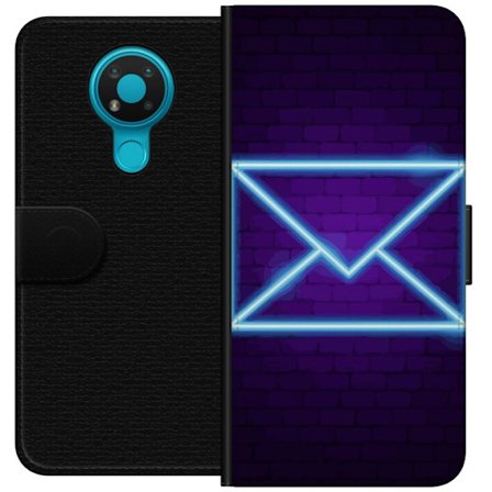 Yhteensopiva Lompakkokotelo Nokia Nokia 3.4 Neonilta illuustraatio kirjekuoresta sinisessä valossa lila tiiliseinää vasten, nykyaikainen symboli vi