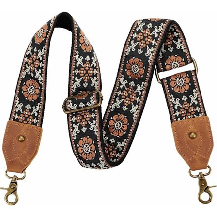 (Brun blomst) Taskerem, 2" Crazy Horse læderende skulderrem justerbar udskiftning, Retro Jacquard broderi multi-mønster crossbody taskerem