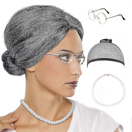 Gammal Dam Peruk, Granny Cosplay Peruk Med Hår, Halloween Kostym (FMY)