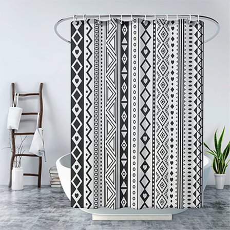 Boho svartvit duschdraperi, Bohemian Chic Farmhouse Abstrakta geometriska ränder Print, Vattentätt tyg, B 72" x H 72"