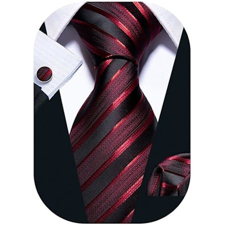 Stripe Men Ties Set Classic WOVEN Necktie with Handkerchief Cufflinks Formal-Black Red