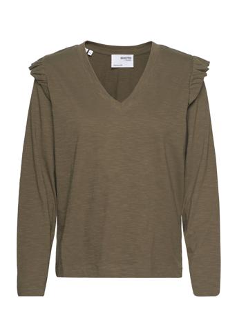 Slfrylie Ls Florence V-Neck Tee Ex Brown Selected Femme