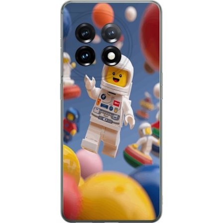 Kompatibelt Mobilskal till OnePlus OnePlus 11 LEGO-inspirerad astronautfigur i rymden bland färgglada planeter, lekfull 3D-illustration för barnrum,