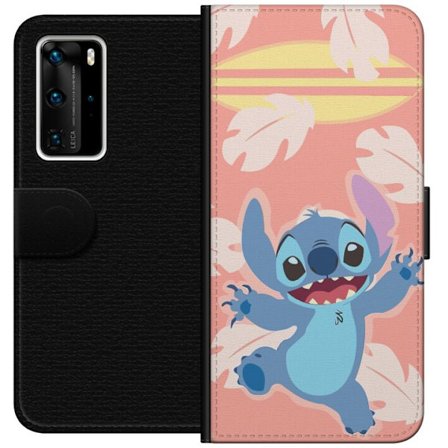 Kompatibel Tegnebogsetui til Huawei P40 Pro Glad illustration af Stitch der hopper foran lyserød baggrund med surfbræt