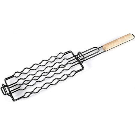 Grill for pølser og wienerpølser med non-stick belegg, bærbar sammenleggbar grill med trehåndtak