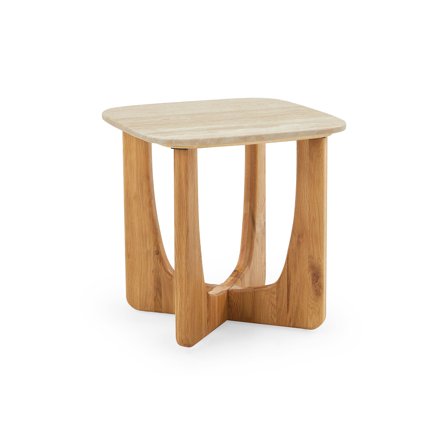 Orion Ecktisch, Eiche/Travertin | 50x50cm, Moderner Beistelltisch mit Natursteinplatte, Skandinavisches Design, Quadratisch, Natur Beige
