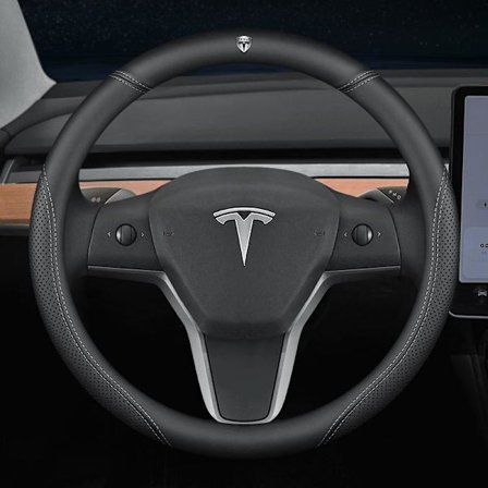 Sopii Tesla Model 3/Y/Model X/S ohjauspyörän suojaksi - Tesla erikoispyöreä (valkoinen viiva) logolla - 36 cm/1 pakkaus