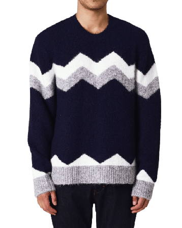 Neuw Intarsia Zig Zag Crew Tröjor Herr Blå L