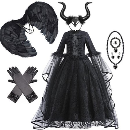 Maleficent-tyttöjen mekko, ylellinen pitsi, musta noitamekko, lasten Halloween-karnevaalirooliasu, tumma teema, rooliasusetti 03-WELLNGS