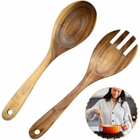 2 stk. tresalatskjeer i tre, tresalatsgaffel, tresalatservise, bærbare håndlagde skjeer i naturlig akasietre, salatgaffel til å lage salater, sett