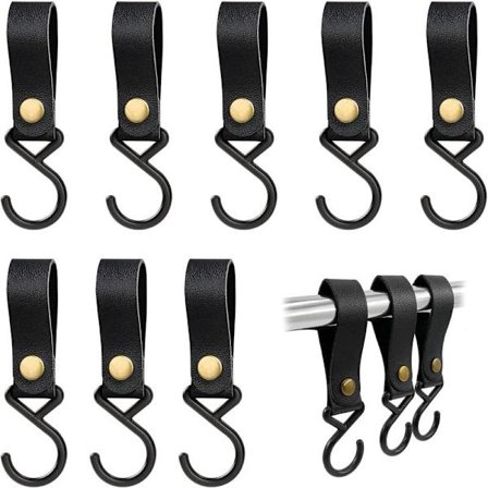 Set med svarta S-formade krokar med läderhandtag, multifunktionella krokar för kök, garderob, badrum