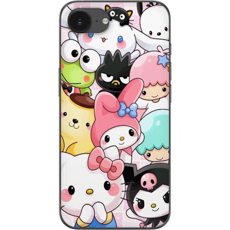 Kompatibelt Mobildeksel til Apple iPhone 16e Tett mønster av søte figurer med store øyne i ulike farger og uttrykk med LABUBU-tekst