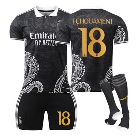 Store Black Friday Tilbud! 23-24 Real Madrid fodbolduniform dragemønster version sæt til børn og voksne sports team uniform NO.18 TCHOUAMENI