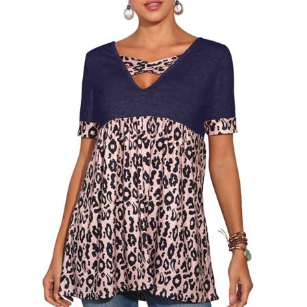 Dam T-shirt V-ringad Kortärmad Blus Casual Printed Klänning