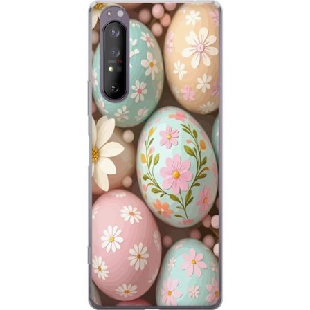 Yhteensopiva Puhelinkuori Sony Xperia 1 II Pastellivärisiä pääsiäismunia, joissa on käsimaalatut kukat ja keväinen tunnelma pehmeässä koriste