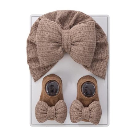 Gränsöverskridande baby halogen skydd dörr huvudduk hatt, nyfödd bomullsfylld stor rosett stickad hatt, ren bomullsstrumpset