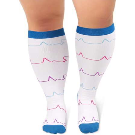 Plus Size Kompressionsstrømper til Kvinder og Mænd med Bred Læg 20-30 mmHg Ekstra Stor til Cirkulationsstøtte Restitution - Hvid EKG (1 Pakke)/XX-Stor