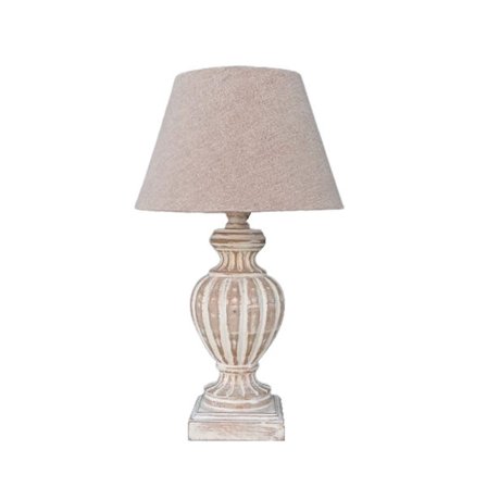 Lampebord, træfod, beige stofskærm, 13x13x48 cm