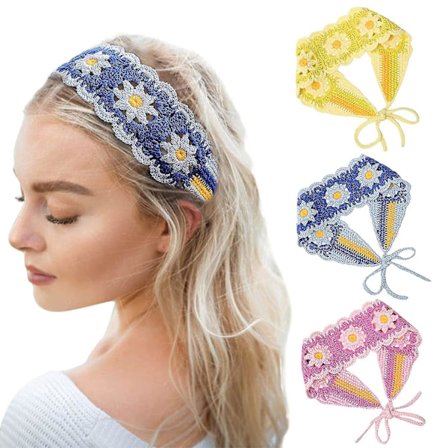 3 stk./pakke hæklede pandebånd til kvinder, håndlavede strikkede hårbånd, Boho hæklede hovedbeklædninger til piger, blomstermønster (gul, blå og pink)