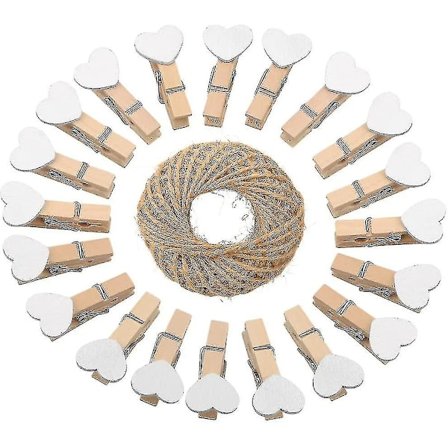 Sydänpinnit, 100 kpl Mini Puinen Vaatepinnit, Valkoiset Valokuvapaperiklipit 30 Metrin Jute-Narun Kanssa