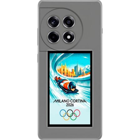 Yhteensopiva Puhelinkuori OnePlus 12R Dynaaminen kelkkailija tai skeleton-ajaja jääkanavalla Milanon Cortina 2026 kanssa, kaupunkinäkymä ja olympialai