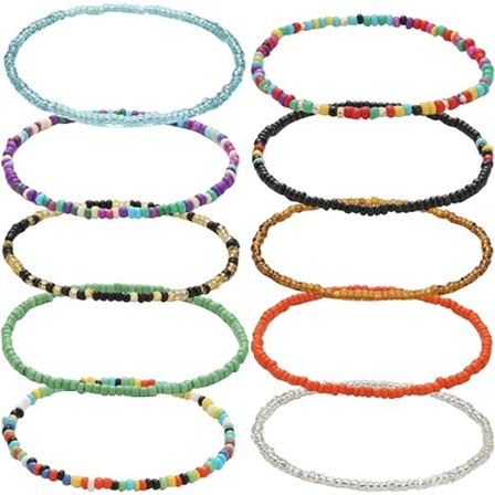 10 boheemityylistä nilkkaketjua, joustavat langat lasihelmillä, värikkäät helminilkkaketjut, sopivat naisille ja tytöille