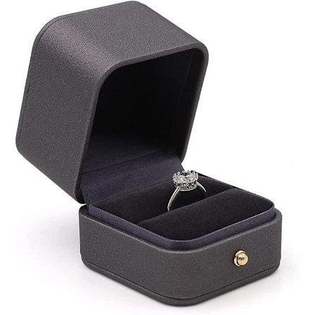 Sormusrasia kihlasormukselle, tumman musta harmaa, neliönmuotoinen nahkainen samettinen sormuksenkantajan rasia, upea vintage-tyylinen yhden sormuksen