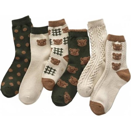 Söpöt sukat, 6 paria, Kawaii-karhusukat, Preppy-tyyliset japanilaiset vintage-röyhelösukat naisille, makeat karhu-Kawaii-naisten nilkkasukat, hauskat