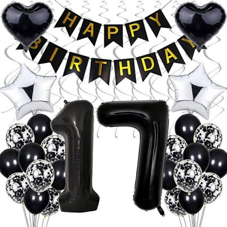 Ballong 17. Födelsedagsdekoration, svart födelsedag 17 år pojke, 17 flicka pojke