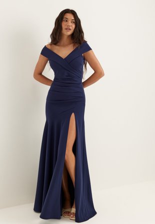 Goddiva - Bardot Pleat Maxi With Split - Navy