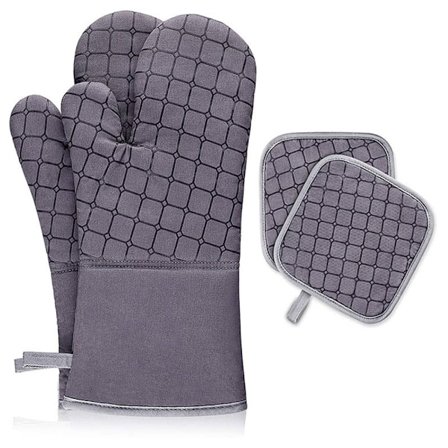 Kökshandskar ugn Hög värmebeständighet 500 grader Extra långa ugnsvantar och grytlapp med halkfri silikonyta, Grå